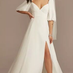David’s Bridal bubble sleeve georgette v-neck wedding dress